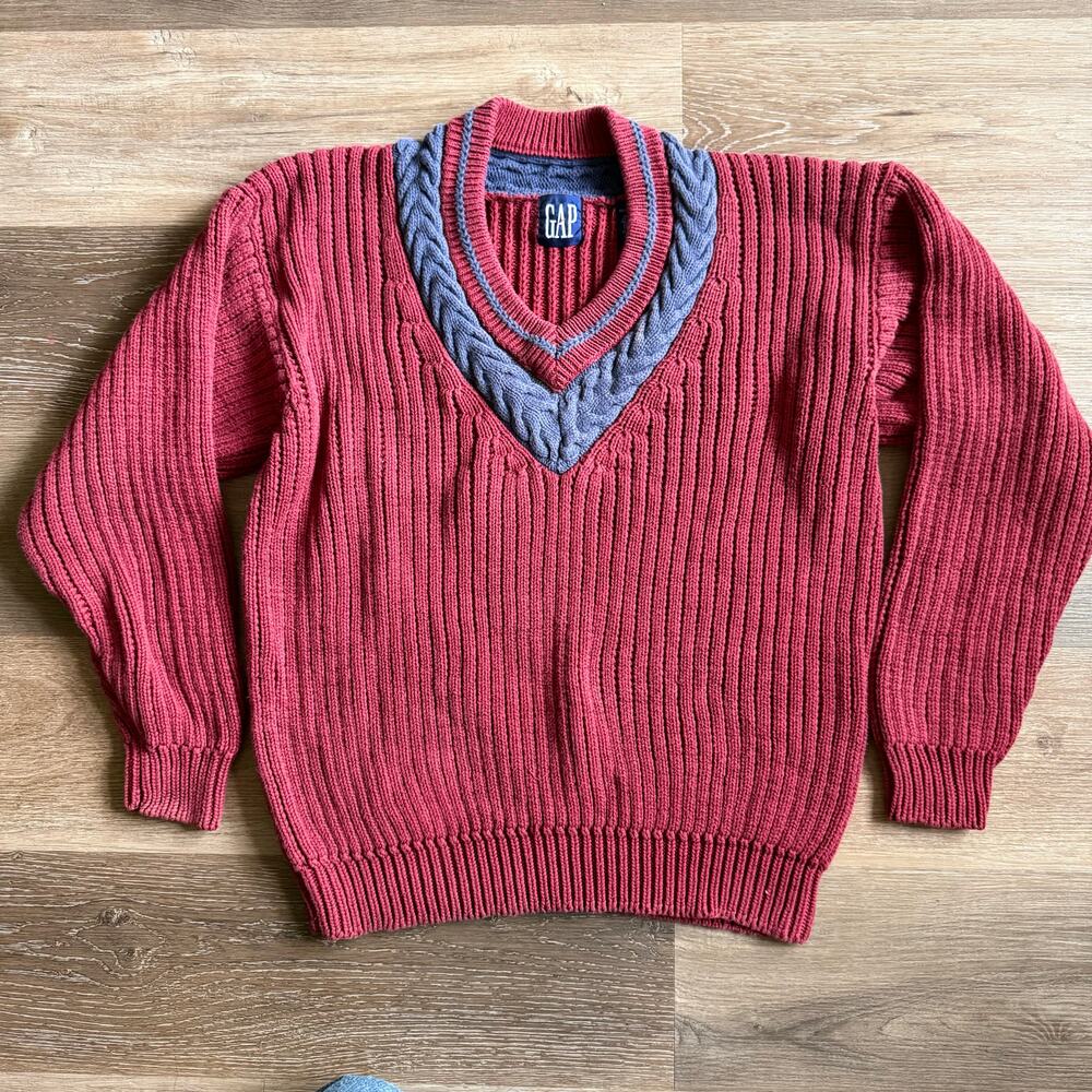 Vintage GAP 90s Large Chunky Cable Knit Heavy Sweater V Neck Y2K Preppy Tennis